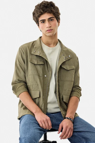 سنيتش Linen Blend Snap Button Jacket